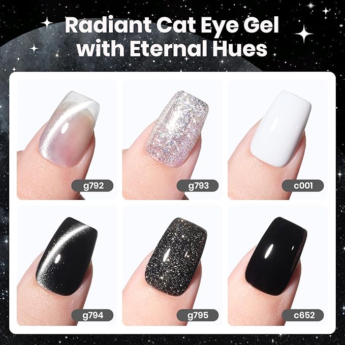Beetles Gel Nail Polish Set - Twilight Gleam 6 Colors Cat Eye Glitter White Black Silver Shimmer Sparkle Gel Polish Kit with Magnet Soak Off Nail Art Uv Led Home Salon Gift for Women&Girls