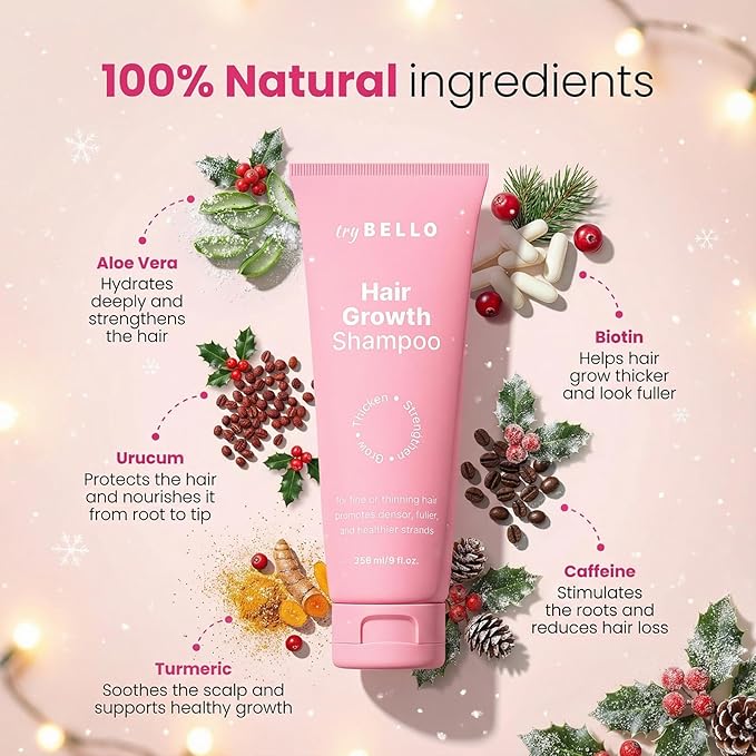 Trybello Hair Growth Shampoo | Natural Hair Thickening & Scalp Detox | Sulfate Free, Vegan, Anti-Hair Fall Formula | Caffeine, Aloe Vera, Turmeric, Urucum Extract | For All Hair Types