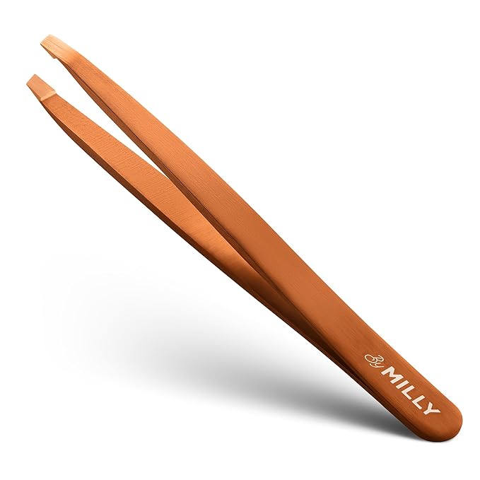 By MILLY Professional Slanted Tweezers for Women and Men | High Carbon Stainless Steel Sharp Tweezer | Tweezers for Women Facial Hair Plucking, Hand-Filed & Aligned Precision Tips - Rose Gold
