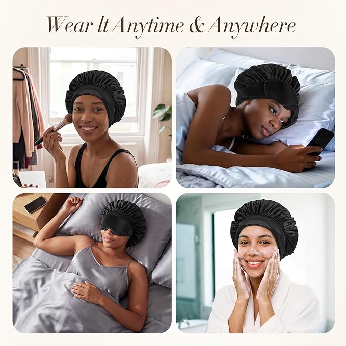 LC-dolida Satin Silk Bonnet for Sleeping Women Men, 2-in-1 Adjustable Hair Bonnet for Curly & Natural with Sleep Mask