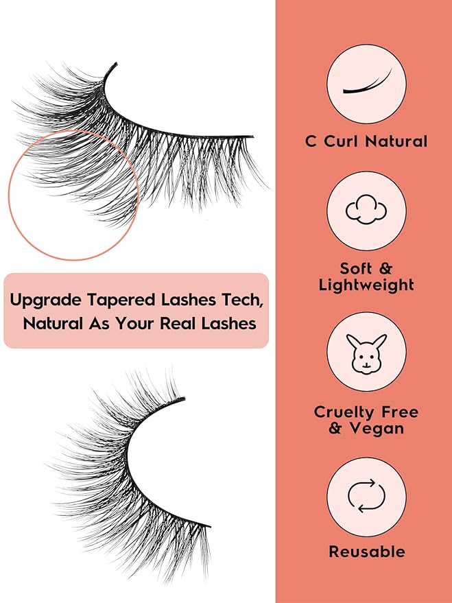 Siligli Cat Eye Lashes - Natural 15mm Wispy False Eyelashes, Thin Band, 3D Volume, Curly, 7 Pair Pack