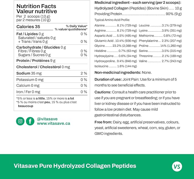 Vitasave Collagen Peptides Powder – 10g Hydrolyzed Collagen per Serving – Unflavored, Grass-Fed, Keto Friendly – Skin, Hair, Nails & Joint Support – 500g