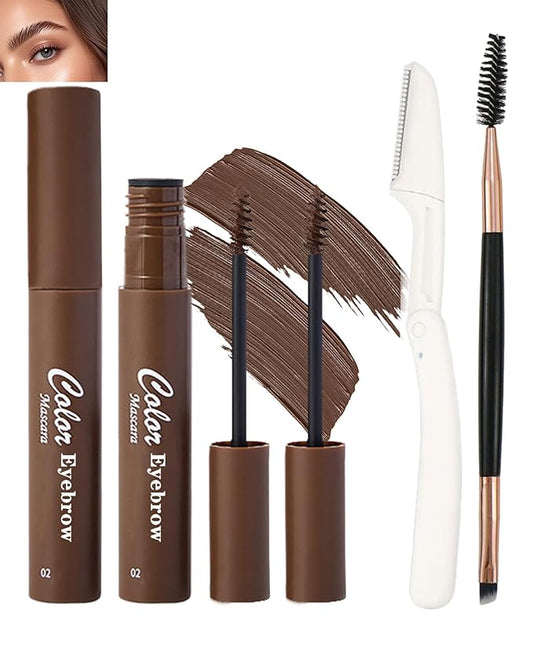 2Pcs Tinted Brow Cream Waterproof,Brown Longwearing Smudgeproof Liquid Eyebrow Tinting Gel Mascara,Volumizing Eye Brows Filler Women Natural Brow Makeup without Clumping with Brow Brush&Razor-02