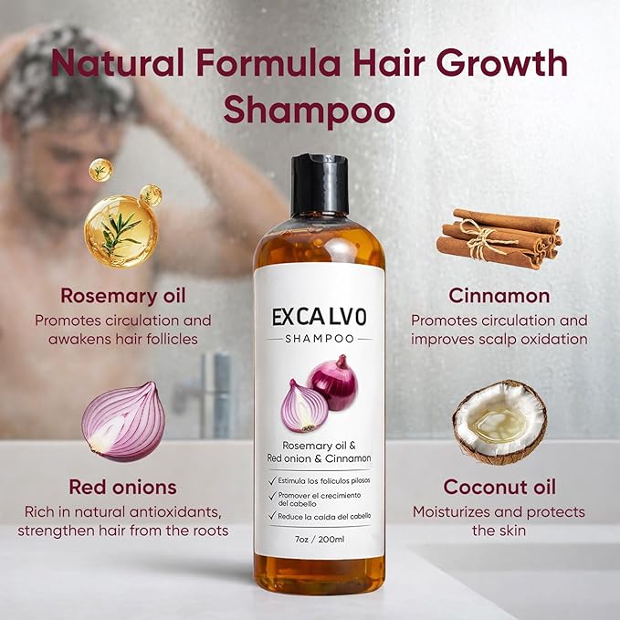 Lexenic Excalvo Shampoo - Excalvo Shampoo Para Hombre with Rosemary Oil & Red Onion & Cinnamon Extract, Menos Caída, Más Densidad, Raíces Más Fuertes, 7oz/200ml (2)
