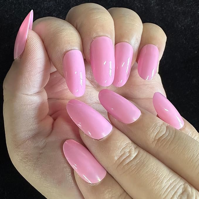 JONKASIPA Press on Medium Almond Shape, Pink Gel Nails, Glossy Short Tip Reusable Fake Nails, Acrylic Fake Nails Manicure Set, Designed for Women