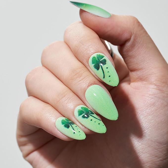 GLAMERMAID Press on Nails Medium Almond, Spring Summer Green Four-Leaf Clover Gel Glue on Nail, 24Pcs Glossy Short Stiletto Reusable UV Finish Fake Nails Acrylic False Nails Manicure Kits for Women