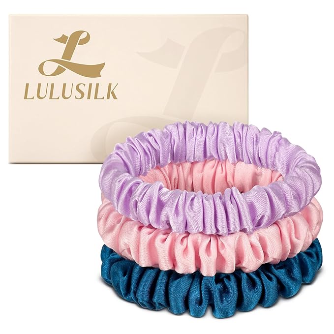 LULUSILK Small Silk Hair Ties No Damage, 100% Real Mulberry Silk, Skinny Scrunchies Ponytail Holders for Thin Fine Hair, Pink Peacock Blue and Lavender, Pack of 3