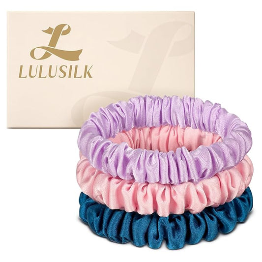 LULUSILK Small Silk Hair Ties No Damage, 100% Real Mulberry Silk, Skinny Scrunchies Ponytail Holders for Thin Fine Hair, Pink Peacock Blue and Lavender, Pack of 3