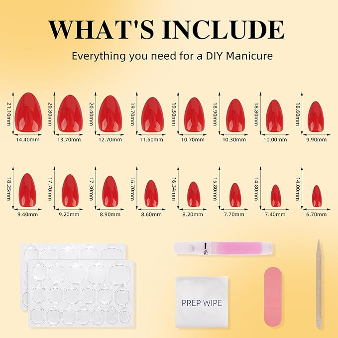 Leefrei Red Press on Nails - Glossy Short Almond Press on Nail, Fake Nails Reusable Nails Press ons for Women, 32 Pieces in 16 Sizes False Nails Kit with Glue, Cherry Heat