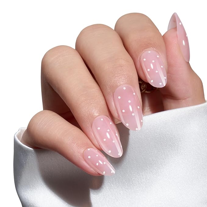 Modelones Pink Valentine Press on Nails Almond, Polka Dot Short Fake Nails, Reusable Nail Kit with Nail Glue Adhesive Tabs Mini Nail File, Nails Press Ons 32Pcs 16size, Women Girl Gift ﻿