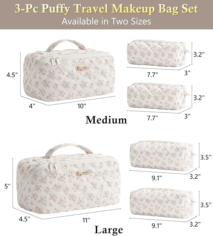 Travel Makeup Bag, 3 Pcs Large Capacity Puffy Toiletry Bag for Women, Open Flat Make up Cosmetic Organizer w/Handle & Clear Divider Water-resistant Portable Pouch Travel Essentials, L-Beige Rose
