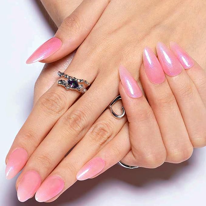 GLAMERMAID Pearl Pink Press on Nails Medium Almond, Handmade Nude Pink Neutral Jelly Sofy Gel Glue on Nail Stiletto, Glossy Fake Nails Short Oval，Reusable Acrylic Stick on False Nail Kits for Women