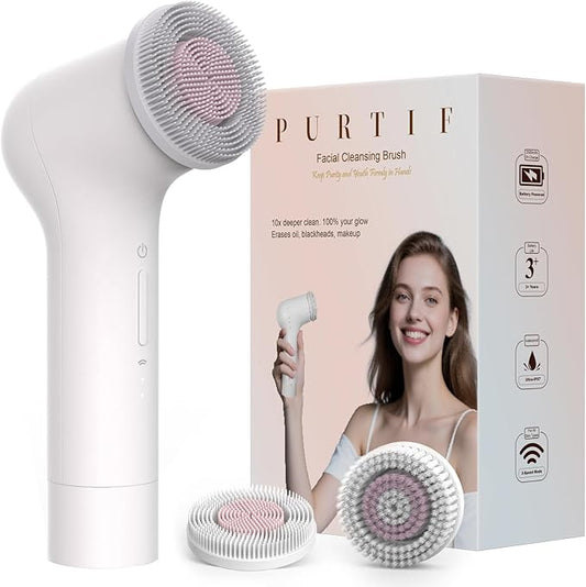 PURTIF Electric Facial Cleansing Brush - Rechargeable Silicone Face Scrubber exfoliator, Face Pore Cleansing Brush,3 Speeds,Waterproof, Exfoliating & Massage,for Women & Men.for Face Skin Issues,White