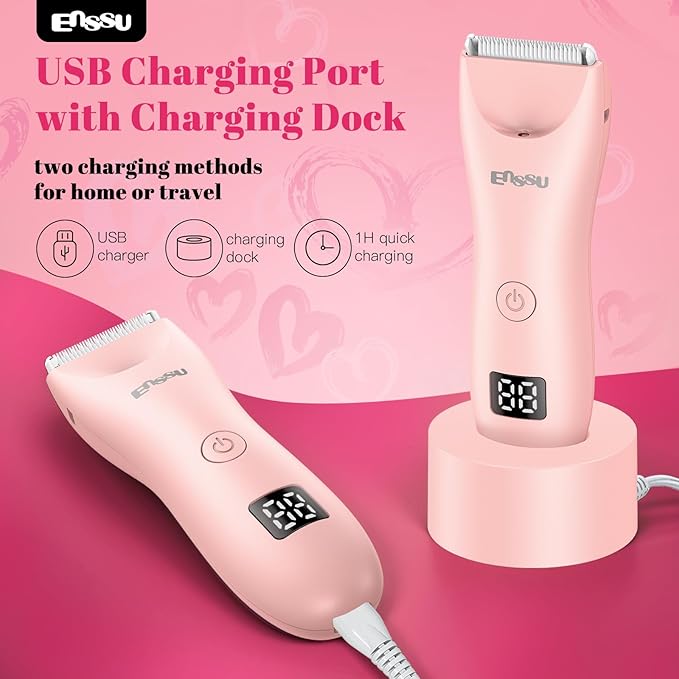 ENSSU Bikini Trimmer for Women - 2 in 1 Pubic Hair Trimmer IPX7 Waterproof, Razors for Women with LED Light & USB Charge, Painless Electric Shaver with Ceramic Blade for Bikini Legs Arm Underarm