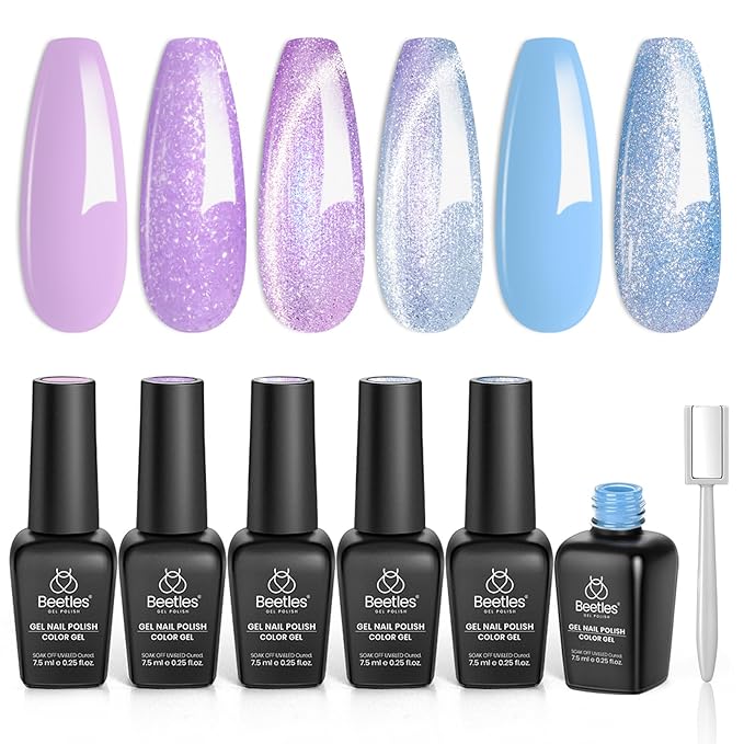 Beetles Gel Nail Polish Set - Dreamscape Wander 6 Colors Baby Purple Blue Glitter Shimmer Cat Eye Gel Polish Soak Off UV LED Nail Gel Home Gifts for Women Manicure DIY Nail Art