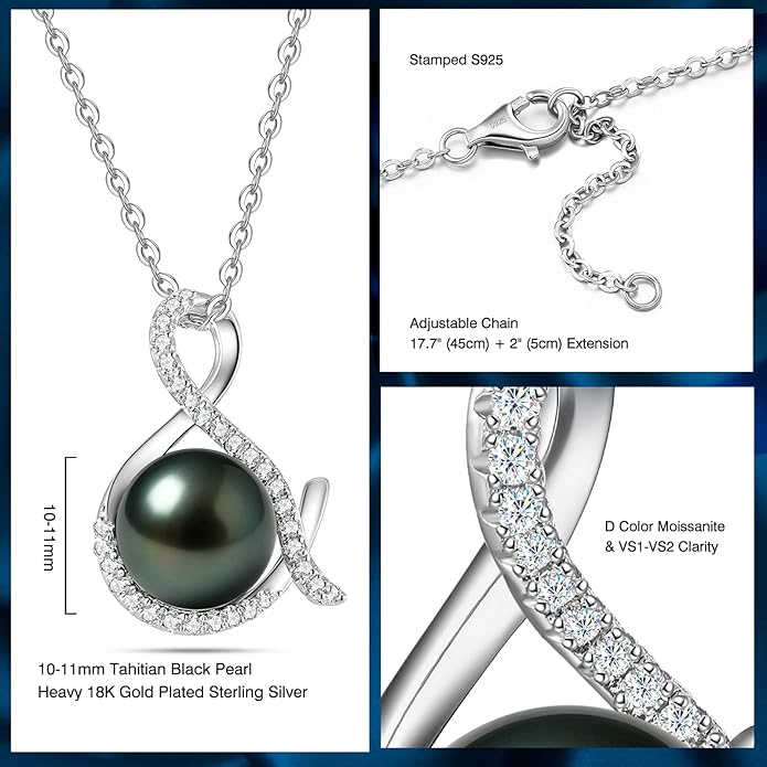 Genuine Tahitian Black Pearl Necklace for Women, 9-13mm AAAA Seawater Pearl - Sterling Silver Moissanite Pendant, Wedding Anniversary, Birthday, Christmas Gift for Wife, Mom, Girlfriend, Fine Jewelry
