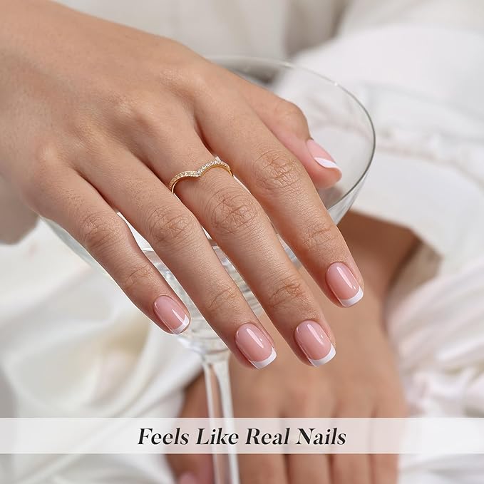 SHANGMENG White French Tip Press on Nails - Soft Gel Square Nails Short for Women Gift, Fit Perfectly & Natural Stick on Nails with Glue in 16 Sizes - 32 Reusable Fake Nails, White French