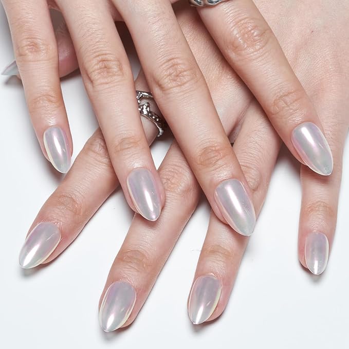 GLAMERMAID Chrome Press On Nails Short Almond, White Pearl Handmade Soft Jelly Gel Fake Nails, Glazed Donut Round Oval Stick Glue on Nails Kit for Women, Mermaid Matal Reusable Acrylic False Nail Set
