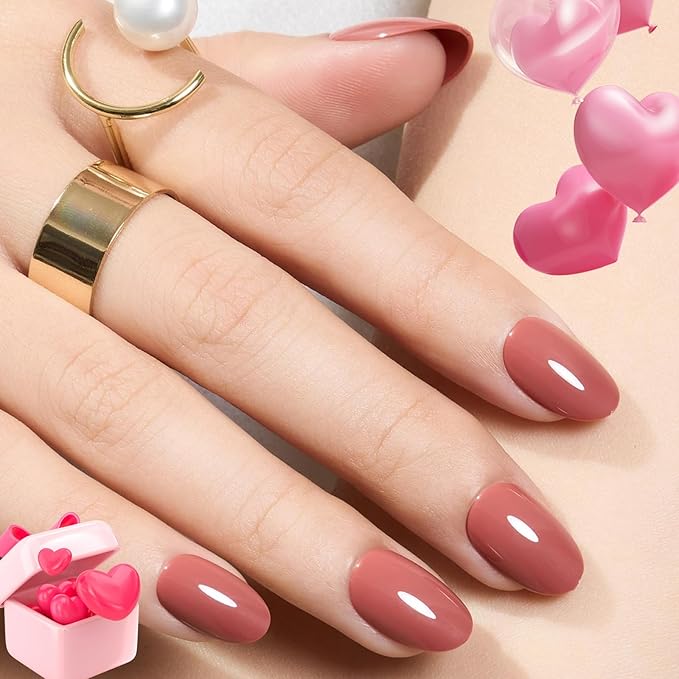 modelones Pink Short Press on Nails, Valentines Oval Fake Nails Kit Press Ons with Nail Glue, Adhesive Tabs, Nail File, Prep Pad, Manicure Stick, 32Pcs 16 Sizes