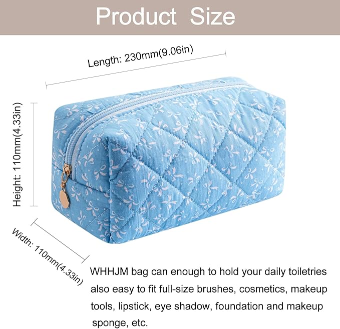Cute Floral Makeup Bag Small Cotton Quilted Cosmetic Bag, Aesthetic Essential Bag Emergency Bag Gift for Women Girls Travel Accessories (Blue)