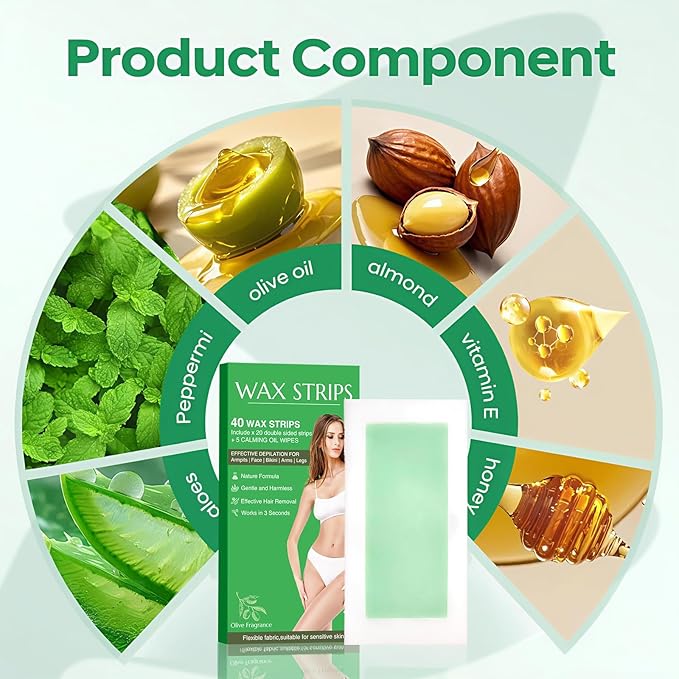 40pcs wax strips - Body Waxing Strips, Wax Kit for Women & Men - Brazilian Wax Kit, Back Waxing Kit, All Skin Types, Arms, Legs, Armpits, Bikini, 98% Natural, Hypoallergenic Odourless, Green