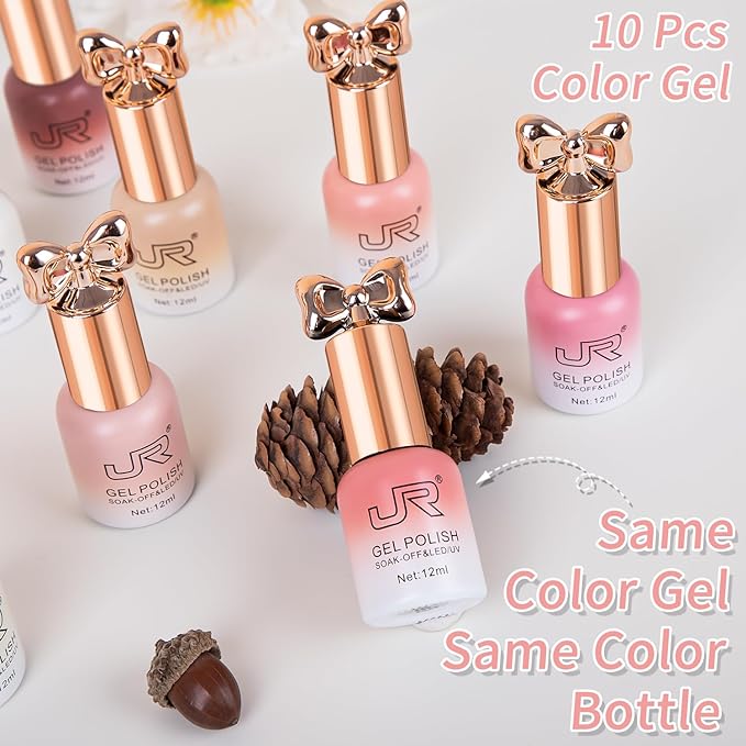 JR HEMA Free Gel Polish 12ml 10colors UV Jelly Nude Pink Gel Polish Set Soak off Gel Nail Polish Semi-Cured Long Lasting Polish Gifts for Women A