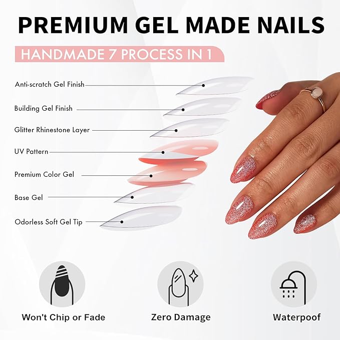 SHANGMENG Glitter Red Press on Nails Almond with Sparkling Diamond - Soft Gel Fake Nails Short with Glue, Glossy Glue On Nails for Women Gift in 16 Sizes - 32 Reusable Nails, Starlight Red Orange