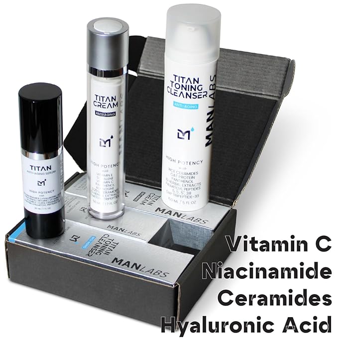Man Labs Titan Anti-Aging Mens Skin Care Kit – Cleanser, Face Serum for Men, Face Moisturizer – Skin Care for Men – Dark Spots, Wrinkles, Fine Lines – Vitamin C, Niacinamide, Ceramides, HA – Unscented
