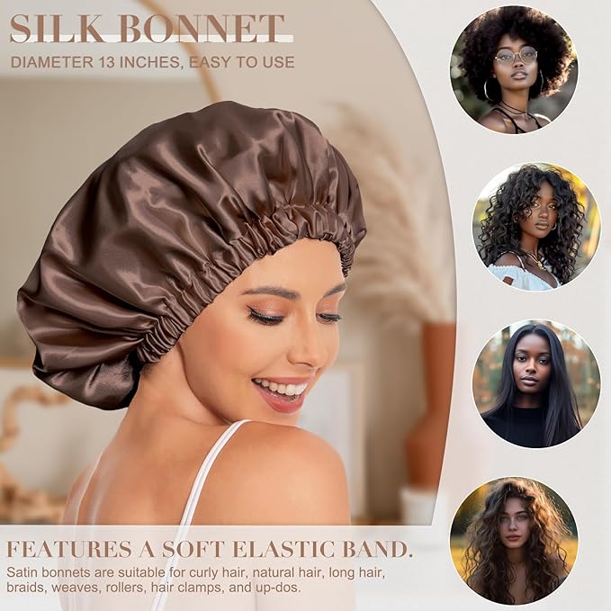 Satin Bonnet Silk Bonnet Hair Bonnet for Sleeping-Slouchy Beanie Hat Satin Sleep Cap for Women's Natural & Curly Hair(Brown)