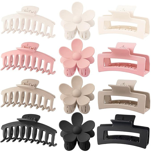 Large Hair Claw Clips, 12 Pack Flower Hair Clips for Thick Hair, Big Square Matte Strong hold for Thin Hair, 3 Styles Claw Hair Clips for Thick Hair