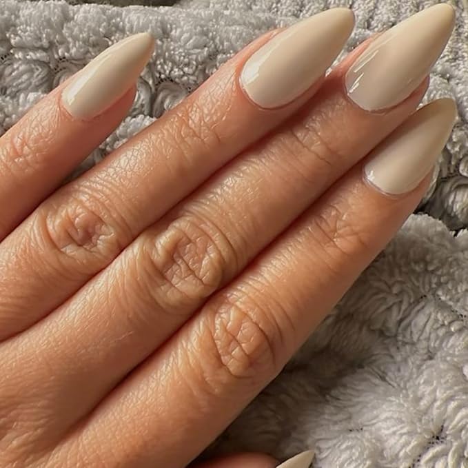 GLAMERMAID White Press on Nails Medium Almond, Handmade Milky Cream White Neutral Jelly Sofy Gel Glue on Nail Stiletto, Glossy Fake Nails Short Oval，Reusable Acrylic Stick on False Nail Kits for Women