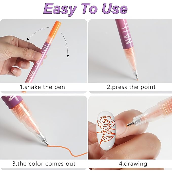 12 Colors Nail Art Pens Set, 0.5mm Fine Tip Nail Art Marker for DIY Nail Designs, Water-Based Quick Dry Nail Drawing Pens, Multi-Color Nail Painting Liner Pens for Manicure Beginners & Nail Artists
