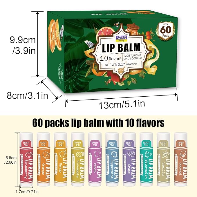 AZEN 60 Pack Natural Lip Balm, Moisturizing Lip Care Product for Dry Cracked Lips (C-60) - 10 Flavors