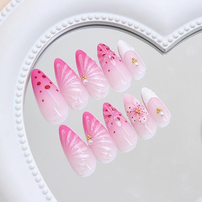 JONKASIPA 3D Pink Floral Embossed Nails Almond Shaped Floral French Fake Nails Spring Patch Nails Full Coverage Acrylic Nails For Women DIY Nail Art Supplies