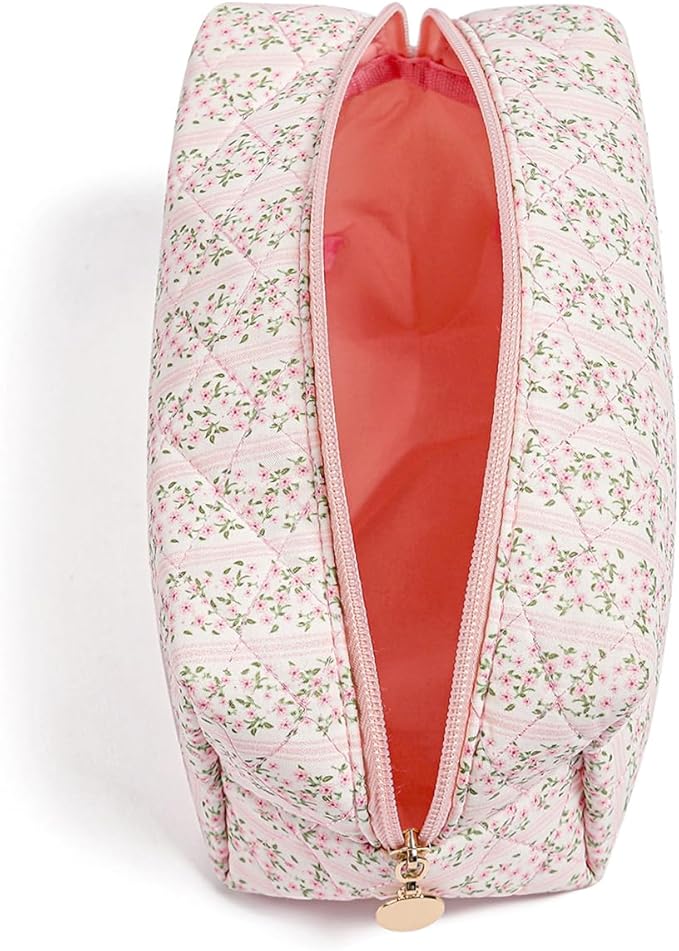 Cute Floral Makeup Bag Small Cotton Quilted Cosmetic Bag, Aesthetic Essential Bag Emergency Bag Gift for Women Girls Travel Accessories (Pink Floral)