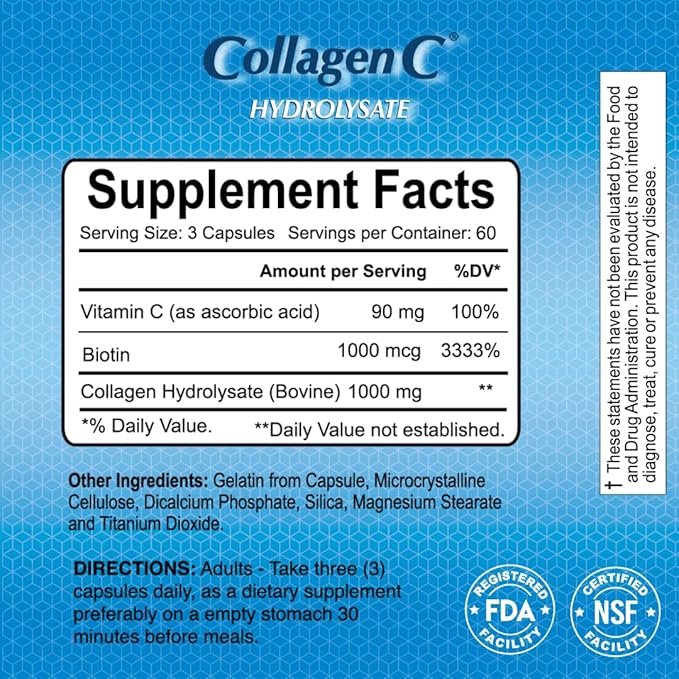 ALFA VITAMINS CollagenC Collagen Hydrolysate Capsules with Biotin - Anti-Aging Nutritional Supplement for Skin, Nails & Hair Rejuvenation - Supports Bone & Muscle - Made in USA - 180 Capsules - 1 Pack
