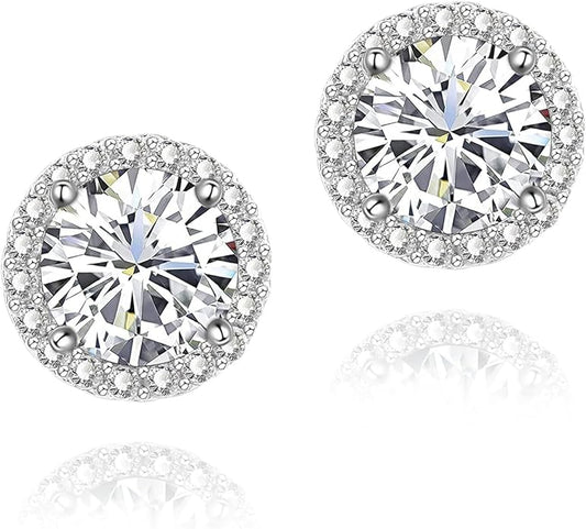 YOMELA Cubic Zirconia Earrings Studs, Halo CZ Birthstone Simulated Diamond Stud Earrings for Women