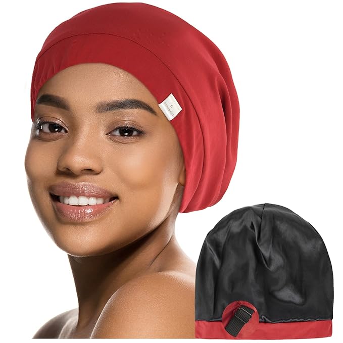YANIBEST Silk Satin Bonnet Hair Wrap for Sleeping, Adjustable Slouchy Beanie for Women, Silk Lined for Curly Hair and Braids, Wine Red