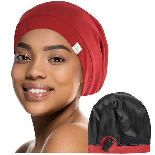YANIBEST Silk Satin Bonnet Hair Wrap for Sleeping, Adjustable Slouchy Beanie for Women, Silk Lined for Curly Hair and Braids, Wine Red