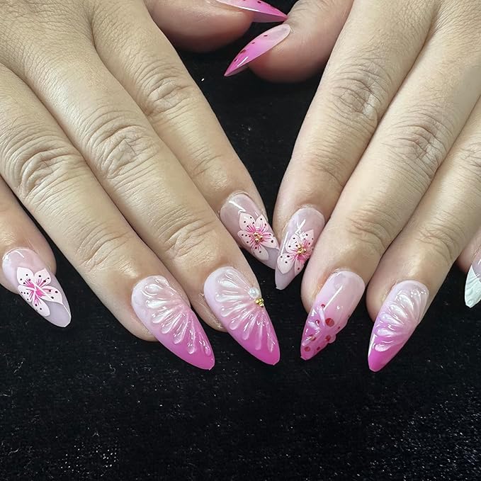 JONKASIPA 3D Pink Floral Embossed Nails Almond Shaped Floral French Fake Nails Spring Patch Nails Full Coverage Acrylic Nails For Women DIY Nail Art Supplies