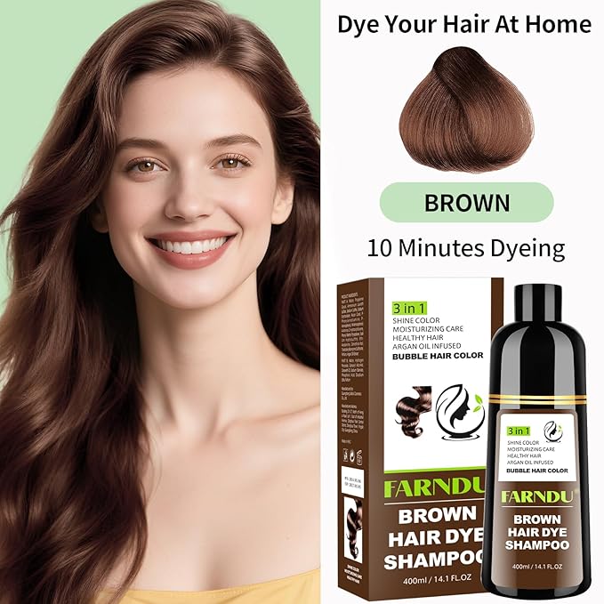 Farndu Brown Hair Dye Shampoo for Women Men, Gray Hair Coverage, Natural Herbal Ingredients