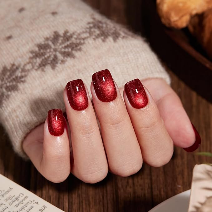 VSALON Press on Nails Short Square - Burgundy Red Cat Eye Glitter Fake Nails, Reusable Opaque Gel Magnetic Effect Fake Nails with Glue & Cuticle Oil - 32 PCS in 16 Sizes Valentines Gifts for Women