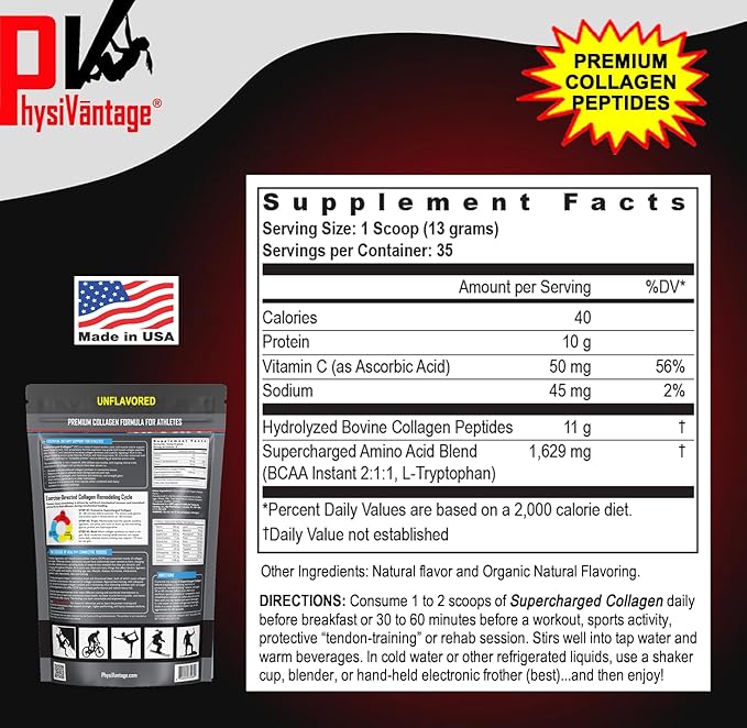 PhysiVantage Supercharged Collagen Peptides Powder - Hydrolyzed Collagen for Joint, Tendon, Ligament, & Skin Health Support - Chocolate, Keto, Paleo, 16oz | Enhanced with Vitamin C, BCAAs, Grass-Fed