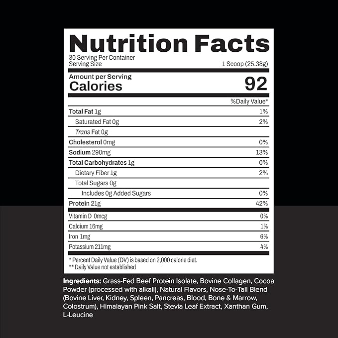 Noble All-in-One Chocolate Protein Powder, 21g Grass-Fed Beef Protein & Collagen, Colostrum & Organ Blend, Whey-Free, Seed Oil-Free, Zero-Carb, 30 Servings (1.75lbs)