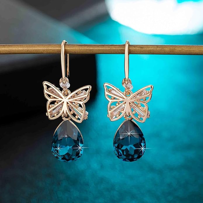 Austrian Crystal Teardrop Butterfly Drop Dangle Earrings for Women 14K Rose Gold Plated Hypoallergenic Jewelry