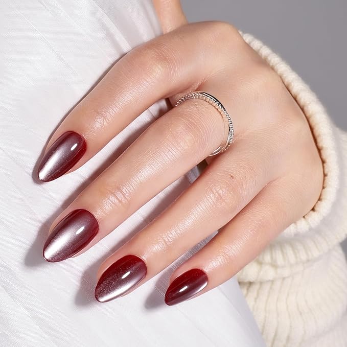 Leefrei Cat Eye Press On Nails - Glazed Ruby Red Press On Nails Short Almond Nails Press Ons for Women Fake Nails with Glue, Glossy Reusable Glue on Nail in 16 Sizes - 32pcs, Ruby Moon