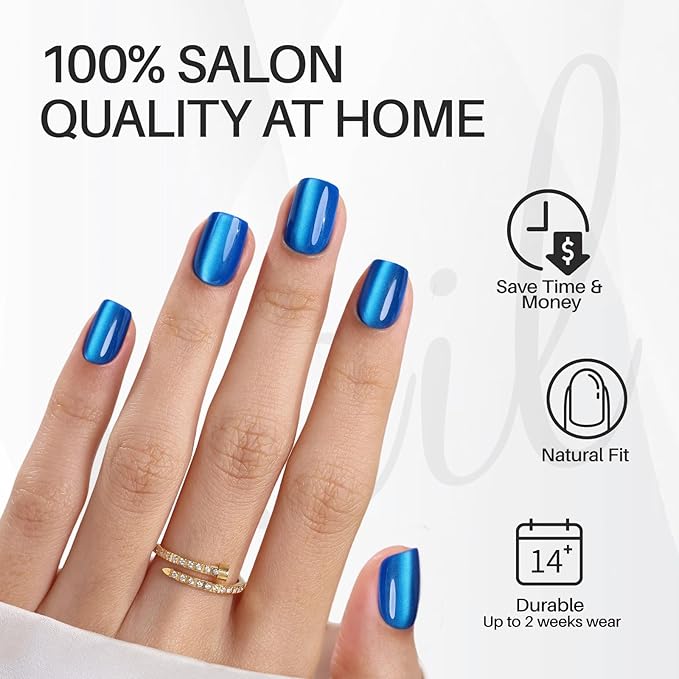 SHANGMENG Blue Cat Eye Press on Nails Square - Soft Gel Press on Nails Short for Women Gift, Fit Perfectly & Natural Stick on Nails with Glue in 16 Sizes - 32 Reusable Fake Nails, Royal Blue