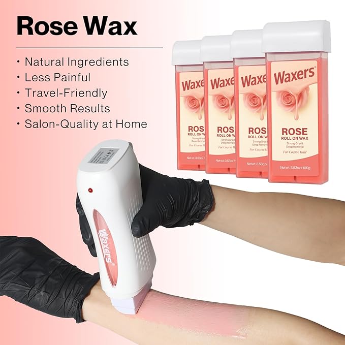 Waxers Roll on Wax Kit Professional Soft Wax Roller Depilatory for Coarse & Thick Hair Removal Waxing Roller Cartridge for Women Men at Home Rose