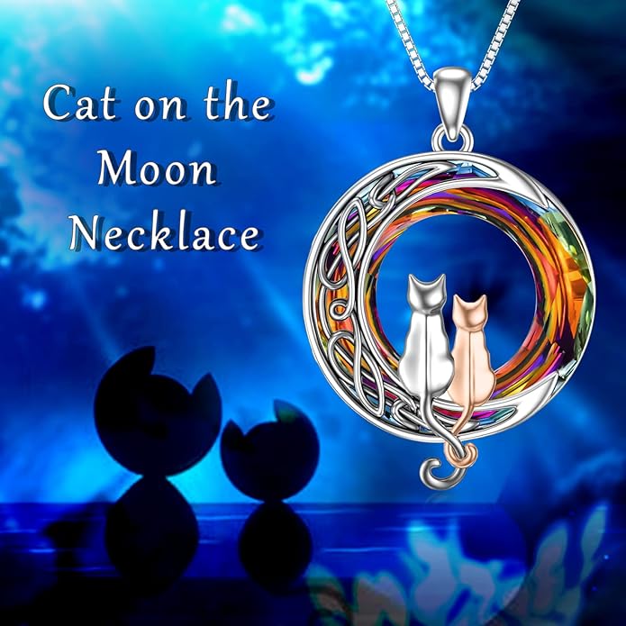 TOUPOP Cat Gifts for Cat Lovers One Two Three Four Cats Necklace Sterling Silver Cats on the Moon Pendant Necklace with Blue Circle Crystal Birthday Christmas Celtic Jewelry Gifts for Women