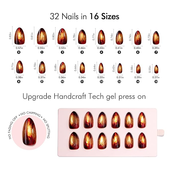 VSALON Press on Nails Short Almond - Golden Spakly Cat Eye Glitter Flame Design, Reusable Opaque Gel Magnetic Effect Fake Nails with Glue & Cuticle Oil - 32 PCS in 16 Sizes Valentines Gift for Women